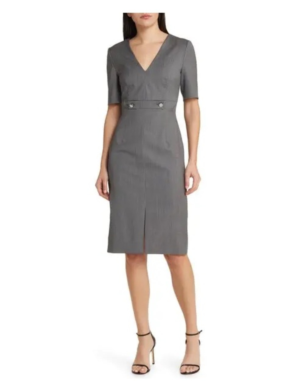Boss Gray Pinstripe V-Neck Sheath Dress